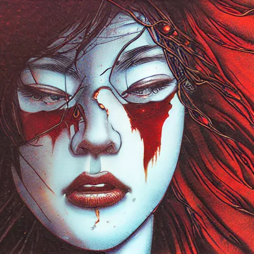 Prompt: closeup of face melting in agony, inside a frame on a tiled wall, frontal picture, by yoichi hatakenaka, masamune shirow, josan gonzales and dan mumford, ayami kojima, takato yamamoto, karol bak