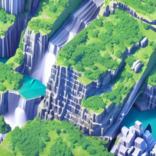 Image similar to new york surrounded by waterfalls on a floating island in the sky, low poly art, isometric art, 3d render, ray tracing, high detail, artstation, concept art, behance, smooth, sharp focus, ethereal lighting, unreal engine 5