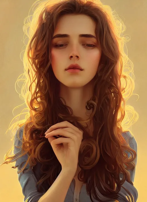 Image similar to handsome young women with shoulder length brown hair, half body shot, path traced, highly detailed, high quality, digital painting, alena aenami, lilia alvarado, shinji aramaki, karol bak, alphonse mucha, tom bagshaw