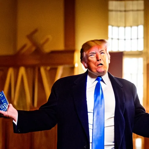 Image similar to Cinematic still of Donald Trump holding a Bible, speaking in a Baptist church in rural Alabama