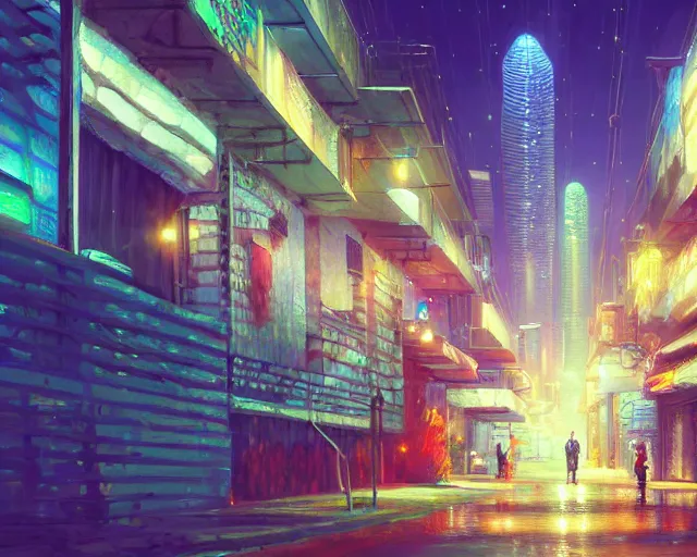 Prompt: A clean wide alleyway in Mexico with glittering lights above the street, skyscrapers in the distance, Makoto Shinkai, Thomas Kinkade, 4k wallpaper, trending on artstation