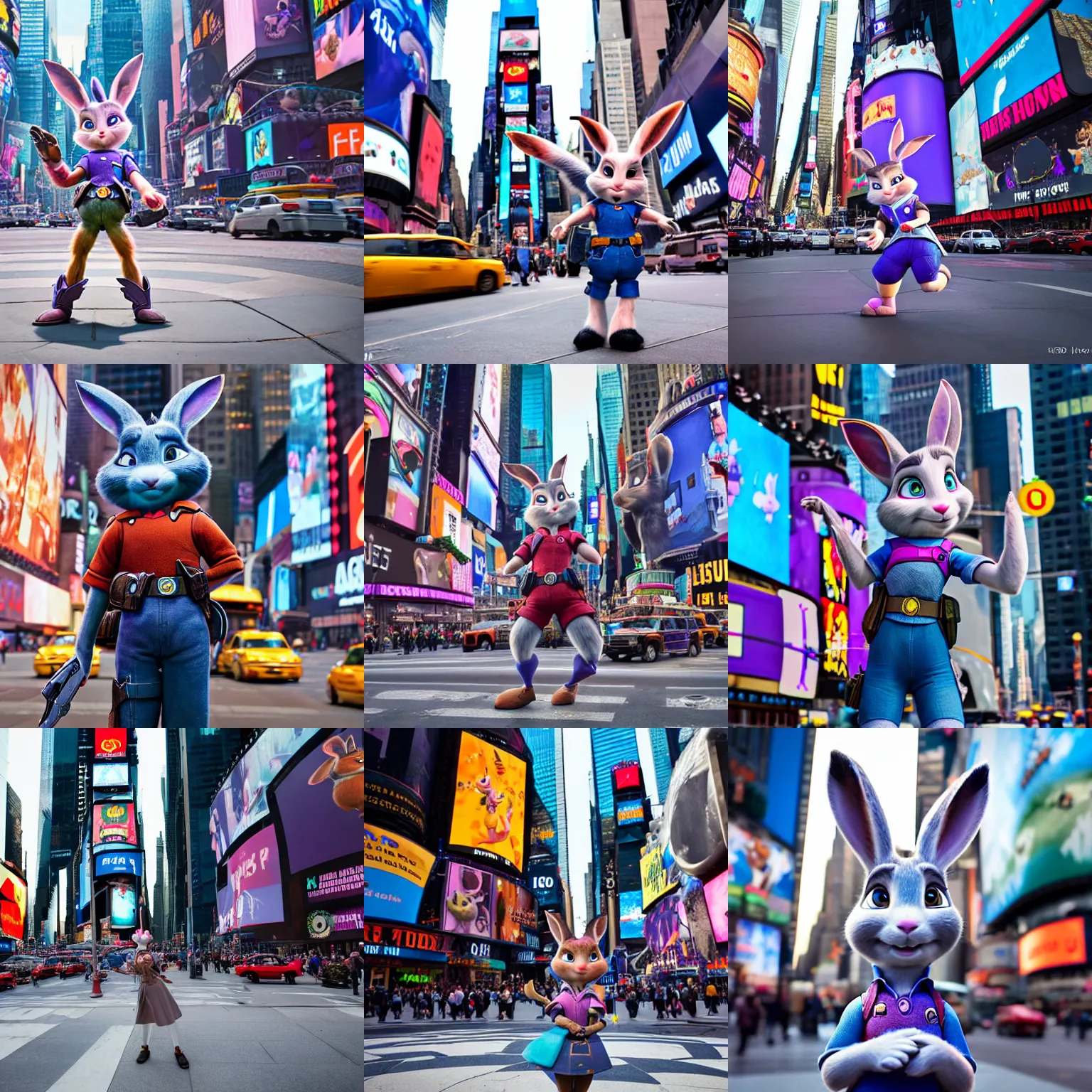 Prompt: Judy Hopps in Times Square, XF IQ4, 150MP, 50mm, F1.4, ISO 200, 1/160s, natural light