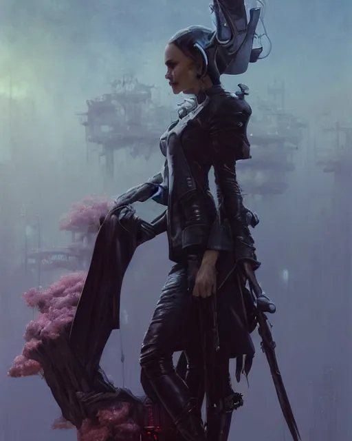 Image similar to beautiful fantasy character portrait, natalie portman, wearing oversized black trench coat, ultra realistic, wide angle, dramatic lighting, vultures, cyberpunk artifacts, highly detailed by peter mohrbacher, hajime sorayama, wayne barlowe, boris vallejo, aaron horkey, gaston bussiere, craig mullins