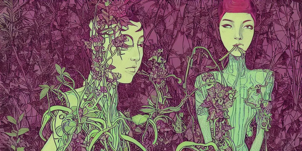 Image similar to risograph grainy drawing vintage sci - fi, antagonist girl, satoshi kon color palette, face covered with plants and flowers, wearing futuristic scaphander with lot of vires and tentacles, exotic plants around and on the background, parking lot, painting by moebius and satoshi kon and dirk dzimirsky close - up portrait