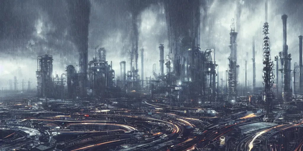 Prompt: futuristic science-fiction landscape of the world of machines, huge mechanical towers buildings and bridges, ground full of factories and pipes, under a dark cloudy sky, in the style of Blade Runner