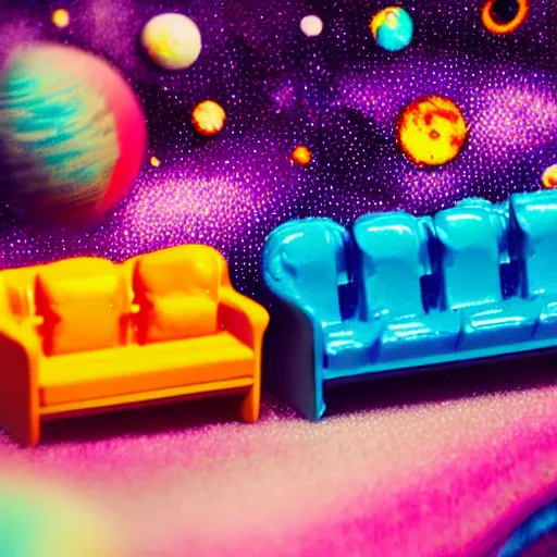 Image similar to fisher price couch, perfect focus, psychedelic trippy couch in space, planets, milky way, sofa scene from tv show hyper detailed 5 5 mm 8 5 mm, toy photography, made out of plastic