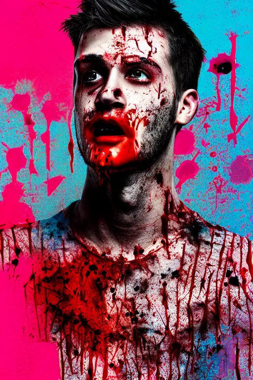 Image similar to guy covered with blood in his face - aesthetic, 4 k, comfort posse, acrylic paint style, pencil style, torn cosmo magazine style, pop art style, ultrarealism, by mike swiderek, jorge lacera, ben lo, tyler west