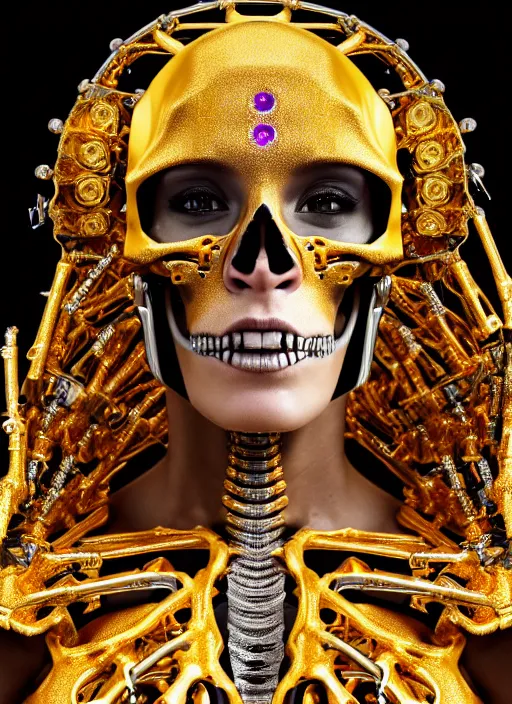 Image similar to a stunning young female cyborg - skull ribs made of gold, gemstones, diamonds, unreal engine, glamor shot, nikon d 7 5 0, closeup, f / 2. 8, low contrast, 1 6 k, rim lighting, optical fiber, cinematic lighting, insanely detailed and intricate, hypermaximalist, elegant, ornate, hyper realistic,