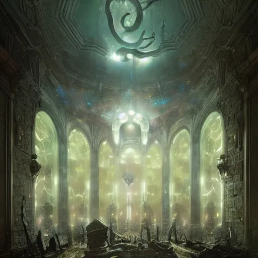 Image similar to eldritch legislature, fantasy, realistic colorful photography, interior, hyperrealism, incredible, award - winning photography, regal, rich colors, by greg rutkowski, lovecraftian