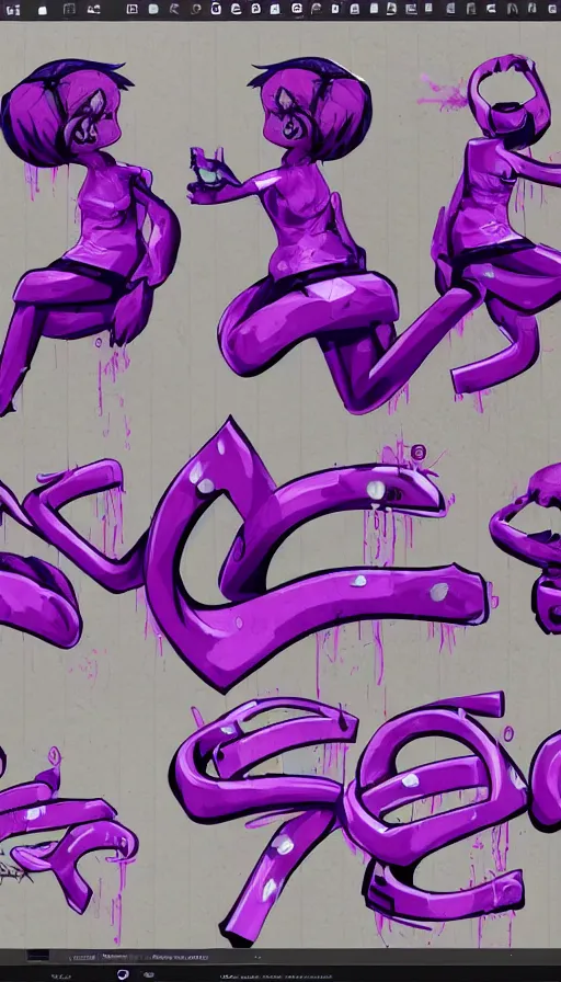 Image similar to a sprite sheet of a realistic graffiti wirter holding a spray can and purple hair, sweat drops, insane, intricate, highly detailed, smooth, sharp focus, Unreal Engine 5, 8K