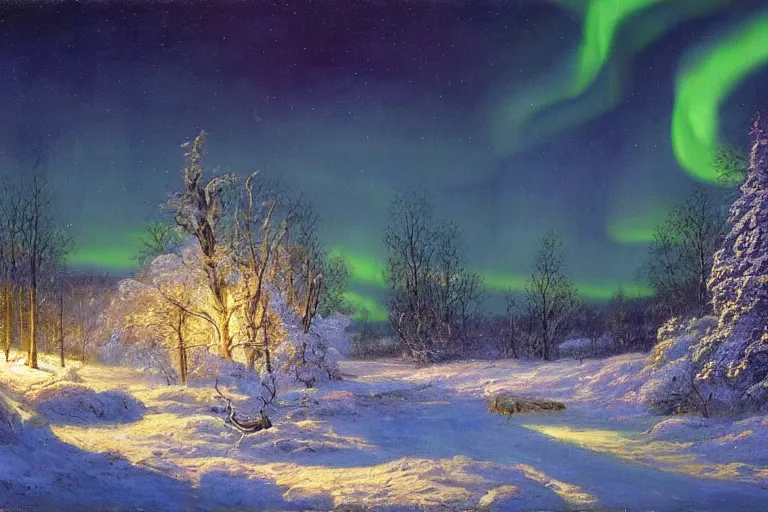 Image similar to beautiful nature, winter, night, norhtern lights, aurora borealis, hyperdetailed, focused, cinematic lighting, oil painting, colorful, canvas, artstation, Albert Bierstadt, Hans Dahl, Theodor Kittelsen, Hermann Hendrich, Konstantin Yakovlevich Kryzhitsky