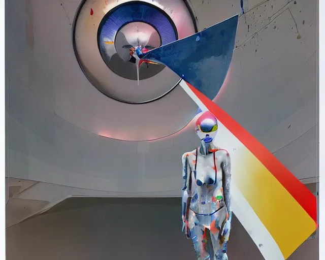 Image similar to a transforming model wearing futuristic bodysuit waving a flag on a rotating platform in a bullring surrounded by lights by james jean and luc tuymans and beeple and hernan bas and pat steir and hilma af klint, psychological, 3 d, dripping paint, high quality render, masterpiece