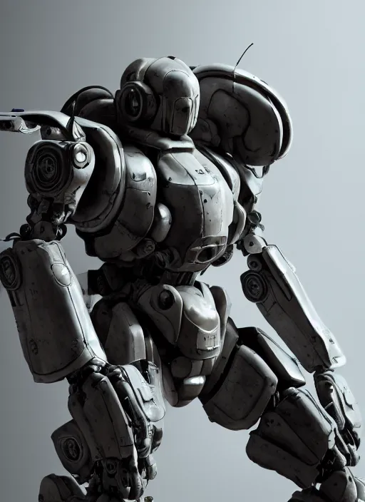 Prompt: a Photorealistic dramatic hyperrealistic render of a futuristic exosuit warrior Mech,Ultra realistic details,glossy white metal,weathered surfaces,by Hidetaka Tenjin,Yoh Yoshinori,Yoji Shinkawa,Masamune Shirow,Beautiful dramatic dark moody tones and lighting,cinematic atmosphere,studio lighting,shadows,dark background, Octane render,8K