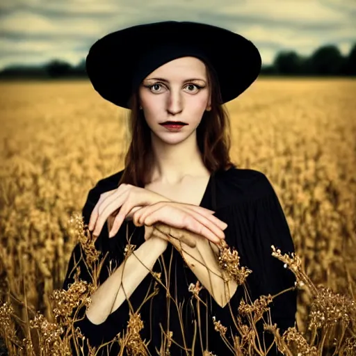 Prompt: a girl standing in a field, wearing black old dress and hat, detailed hands, by andrea kowch, andrea kowch, dark, dark, scene, magicrealism, flowers in background,