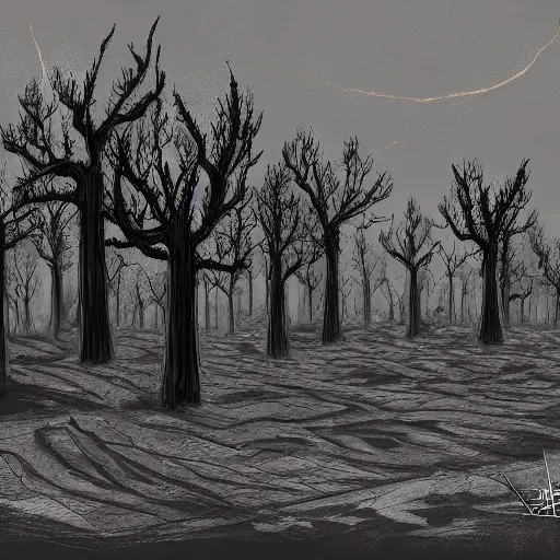 Image similar to a desolated landscape filled with burnt trees, concept art