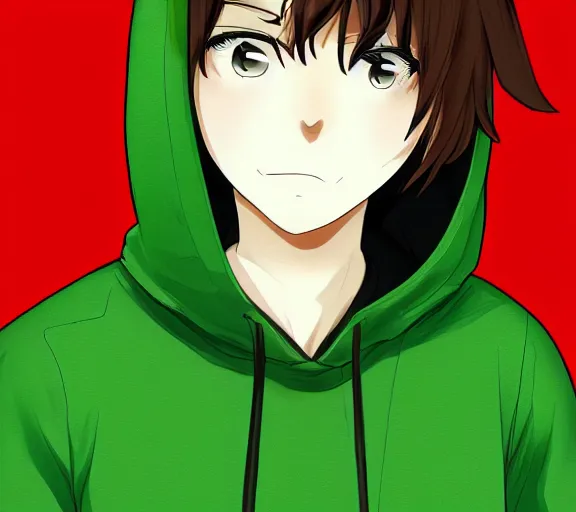 Image similar to close up character portrait of an anime character with brown hair and green eyes wearing a hoody, digital art