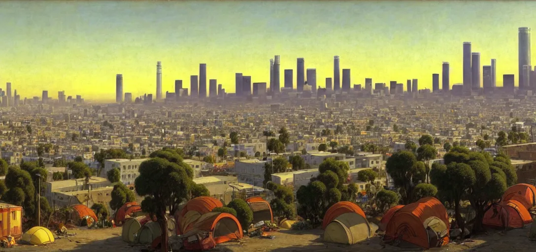 Image similar to ghibli illustrated background of strikingly beautiful skid row, los angeles, california, with strange city skyline is seen in the distance, tents, streets by vasily polenov, eugene von guerard, ivan shishkin, albert edelfelt, john singer sargent, albert bierstadt 4 k