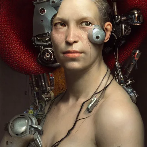 Image similar to Ultra detailed, 4K Portrait of a cyborg woman by Rachel Ruysch