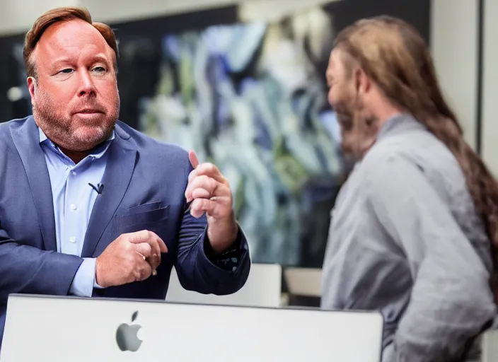 Image similar to dslr photo still of infowars host alex jones in a blue suit fat grey beard and mustache in an!!! apple store trying talking to an employee in a panic!!!, 5 2 mm f 1. 8