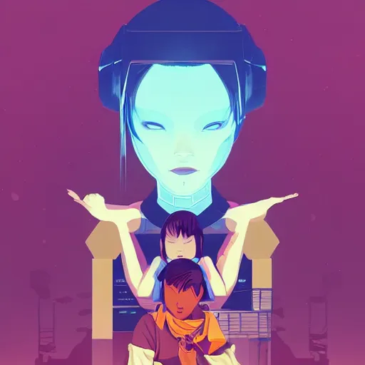 Prompt: a robot woman stealing human children. beautiful clear well composed image. clean cel shaded vector art by lois van baarle, artgerm, helen huang, by makoto shinkai and ilya kuvshinov, rossdraws, illustration, art by ilya kuvshinov