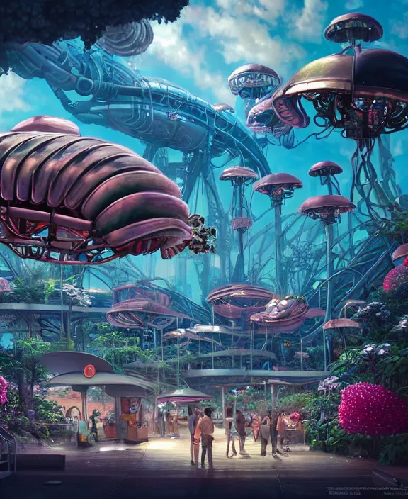 Image similar to a amusement park made out of seamless alien isopods, in the style of an aerodynamic robot, overgrown with puffy orchids, partly cloudy, somber, dramatic lighting, by dan mumford, yusuke murata, makoto shinkai, ross tran, cinematic, unreal engine, cel shaded, featured on artstation, pixiv