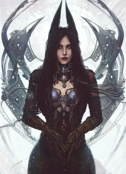 Image similar to a beautiful illustration of a cyberpunk witch with horns in head, intricate, sharp focus, illustration, highly detailed, digital painting, concept art, matte, art by wlop and artgerm and greg rutkowski and alphonse mucha, masterpiece