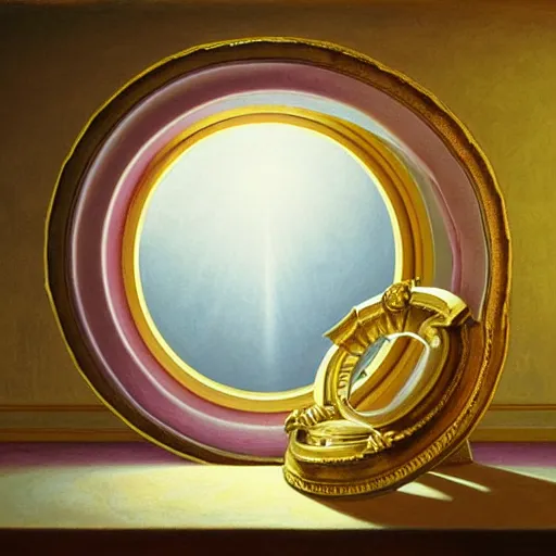 Image similar to still life painting of a room with a balcony and a pedestal displaying an ancient holy artifact, shaped like torus ring, chromed and ornate with gentle iridescent shine from within. the ring lays on top of a pedestal. perspective from the side. realistic light and shadows. moody fantasy art, still life renaissance pastel painting. close up