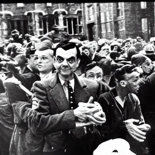 Prompt: mr bean at the nazi nuermberg rallies, historical, 1 9 4 0 s photo style, extreme detail, gritty, serious