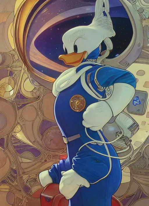 Image similar to Donald Duck as an astronaut, woman, fantasy, intricate, elegant, highly detailed, centered, digital painting, artstation, concept art, smooth, sharp focus, illustration, art by artgerm and donato giancola and alphonse mucha