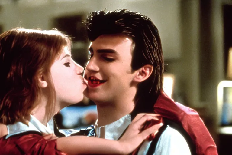 Image similar to film still of two vampires kiss, from john hughes coming - of - age high school comedy about lgbtq vampires in high school