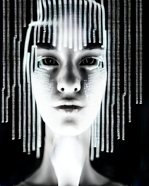 Image similar to black and white artistic photo, full figure, young female cyborg - vegetal, microchip, artificial intelligence, bio - mechanical bio - luminescence, black wired cables, cinematic, rim light, photo - realistic, 8 k