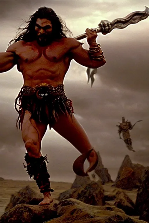 Prompt: film still from conan the barbarian, jason momoa as conan, wearing royal crimson fantasy ornate spartan dragon scale armor, volumetric lighting, wet skin and windblown hair, muscular!!!, battle action pose, frank frazetta, boris vallejo, greg rutkowski cinematic light, frank miller, ridley scott, high contrast