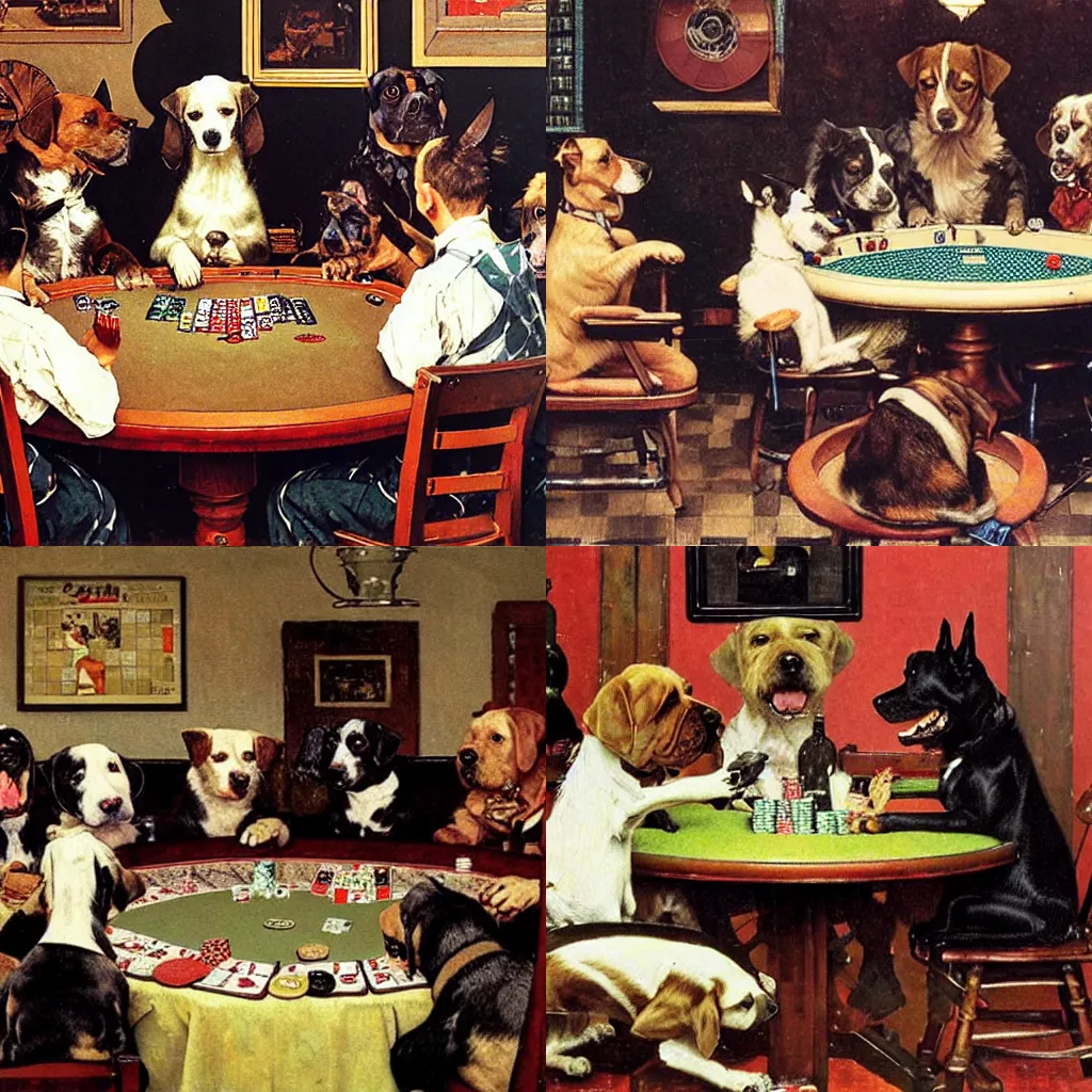 Prompt: dogs playng poker, oil painting, by norman rockwell