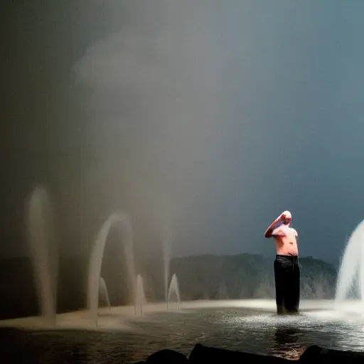 Image similar to a balded man surrounded by water geysers