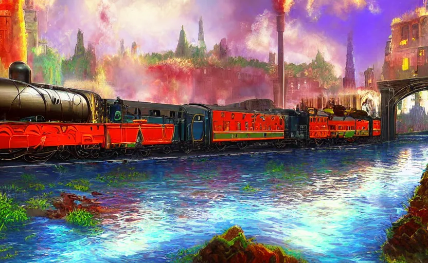 Image similar to A steam locomotive rides along of a waterway on a fantasy city. Fantasy and concept art, colorful digital painting.