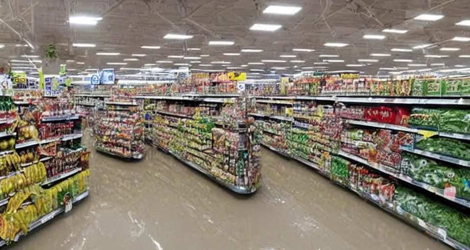 Prompt: a photo of a german grocery store called globus being flooded