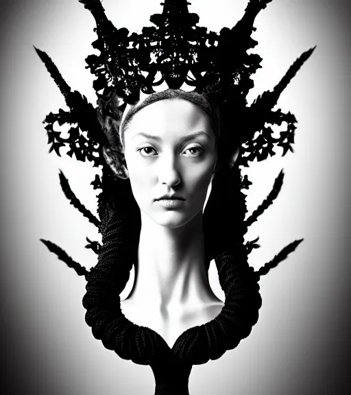 Image similar to dark background, a black and white high quality dreamy photo of a young beautiful female queen-vegetal-dragon-cyborg bust with a very long neck and delicate Mandelbrot fractal face, anatomical, facial muscles, veins, arteries, elegant, highly detailed, flesh highly baroque ornate, hair are curled wired cables, elegant, poetic, dreamy, mysterious, high fashion, rim light, in the style of Ellen von Unwerth, Realistic, Refined, Digital Art, Highly Detailed, Cinematic Lighting, rim light, black and white, photo-realistic, 8K