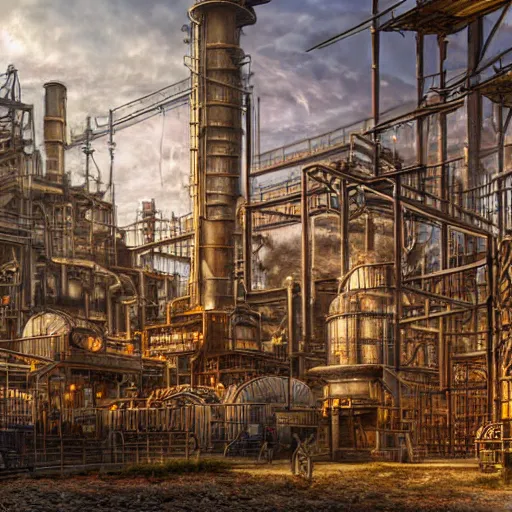 Prompt: photorealistic photograph of a giant steampunk factory, realism, 4k