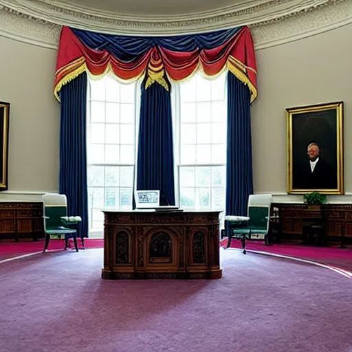 Prompt: the inside of the oval office decorated in modern minimalism