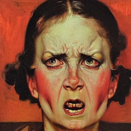 Image similar to Front portrait of an angry woman in the dark with eyes that literally glow. A painting by Norman Rockwell.