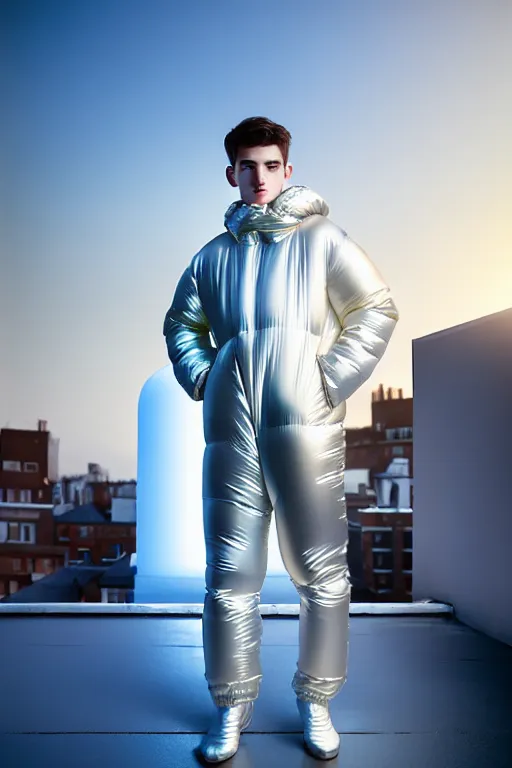 Image similar to un ultra high definition studio quality photographic art portrait of a young man standing on the rooftop of a british apartment building wearing very soft baggy inflated padded silver iridescent pearlescent clothing. three point light. extremely detailed. golden ratio, ray tracing, volumetric light, shallow depth of field. set dressed.