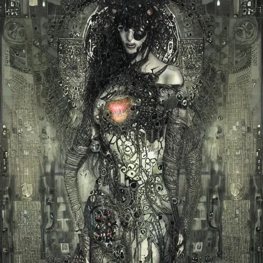 Image similar to cybernetic demon, circuitry, intricate detail, klimt, royo,