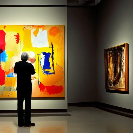 Image similar to a man standing in front of a display of paintings, an abstract painting by robert rauschenberg, pixiv, american scene painting, academic art, dye - transfer, dynamic composition