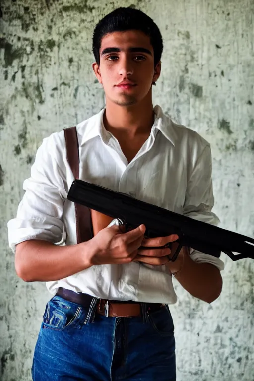 Image similar to a portrait of a handsome 2 3 years old cuban man holding a gun