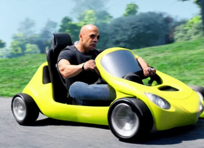 Prompt: peter dinklage racing vin diesel driving a little tikes cozy coupe cars, movie still, from the new fast and furious movie, 8 k, realistic