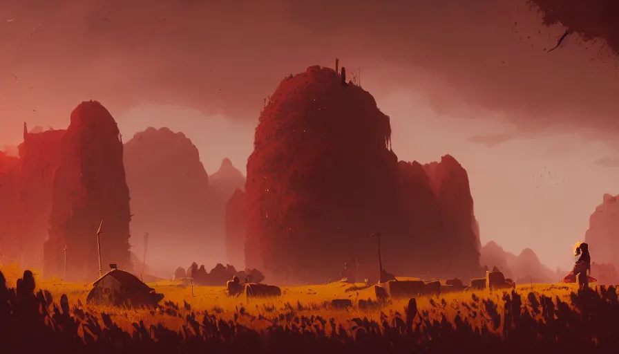 Image similar to highly detailed matte painting of a hostile thunderoud rural landscape by atey ghailan, by greg rutkowski, by greg tocchini, by james gilliard, by joe fenton, red, brown, black and yellow color scheme, octane render