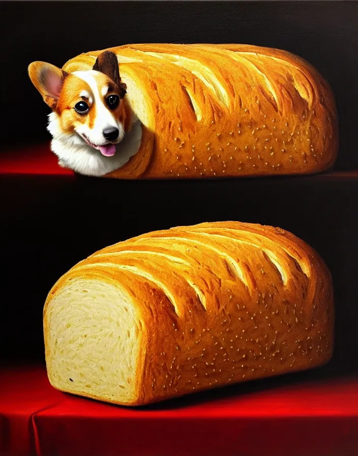 Image similar to a royal portrait of a corgi as a loaf of bread, oil on canvas, highly detailed, cinematic lighting, pretty