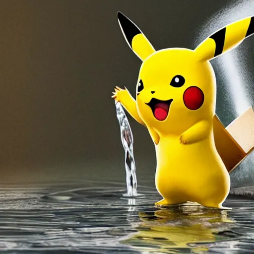 Image similar to Pikachu shooting water out of his hands and mouth 4k