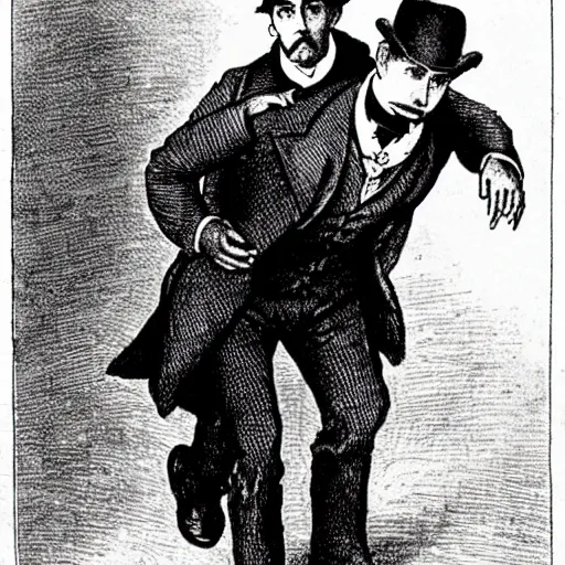 Image similar to Sherlock Holmes carrying Dr Watson on his back in the style of Sidney Paget