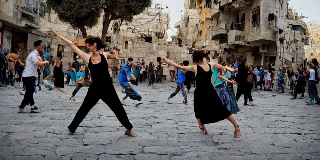 Image similar to dancing in the streets of futuristic jerusalem on shabbat. cinematic. beautiful. colorful. epic framing